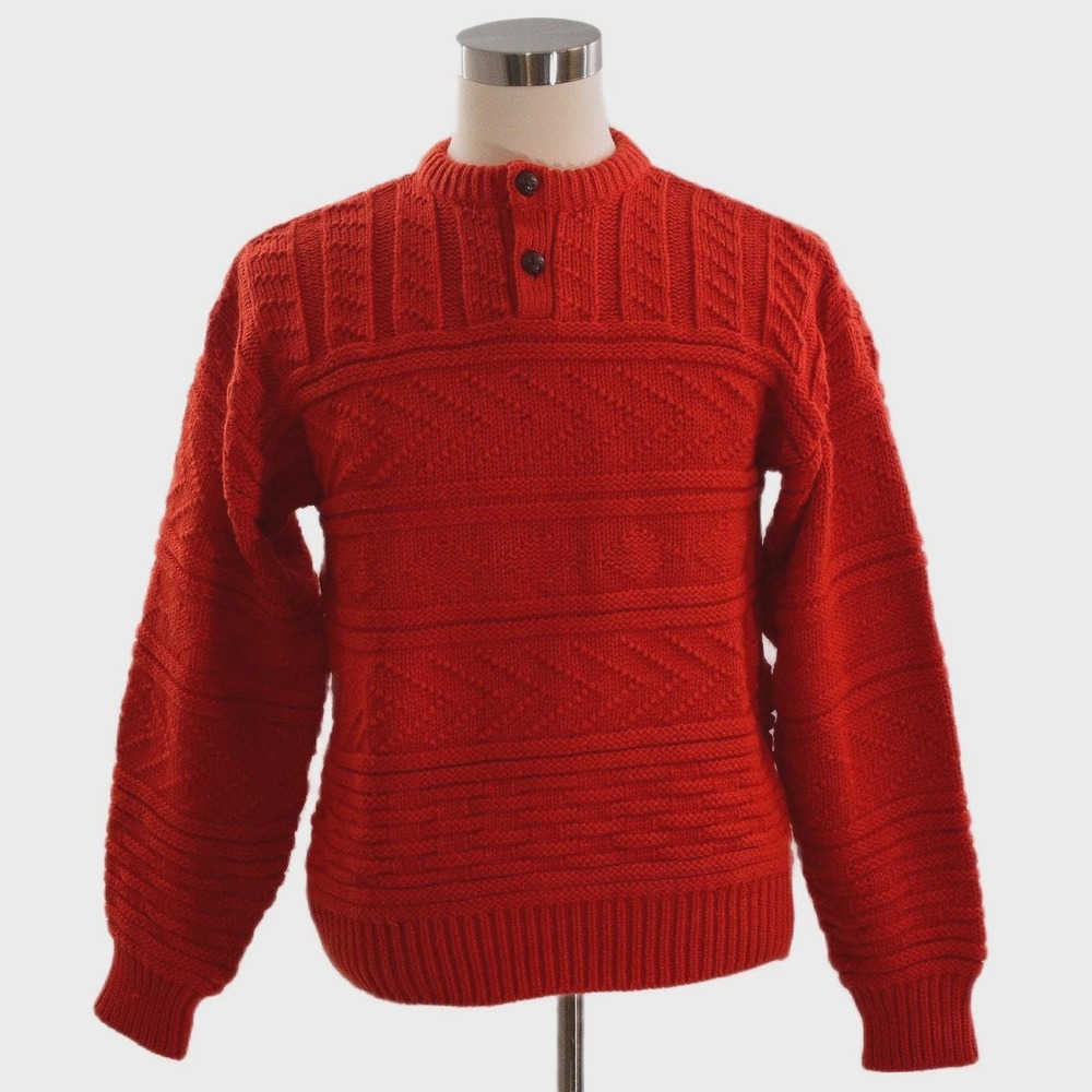 80s Vintage Textured Henley Sweater Mens M Red Heavyweight Holiday Knit